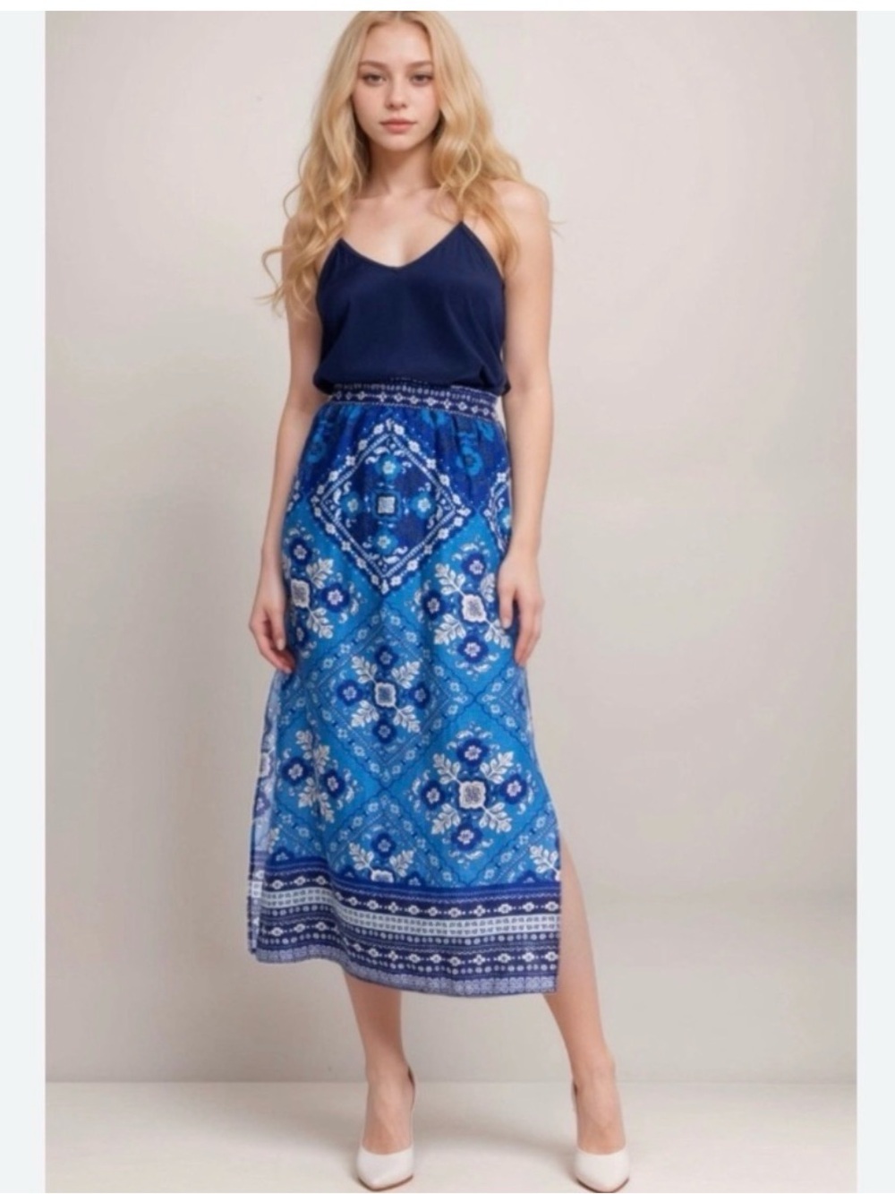 NWT Johnny Was Blue Floral Tile-Print Maxi Skirt size XL